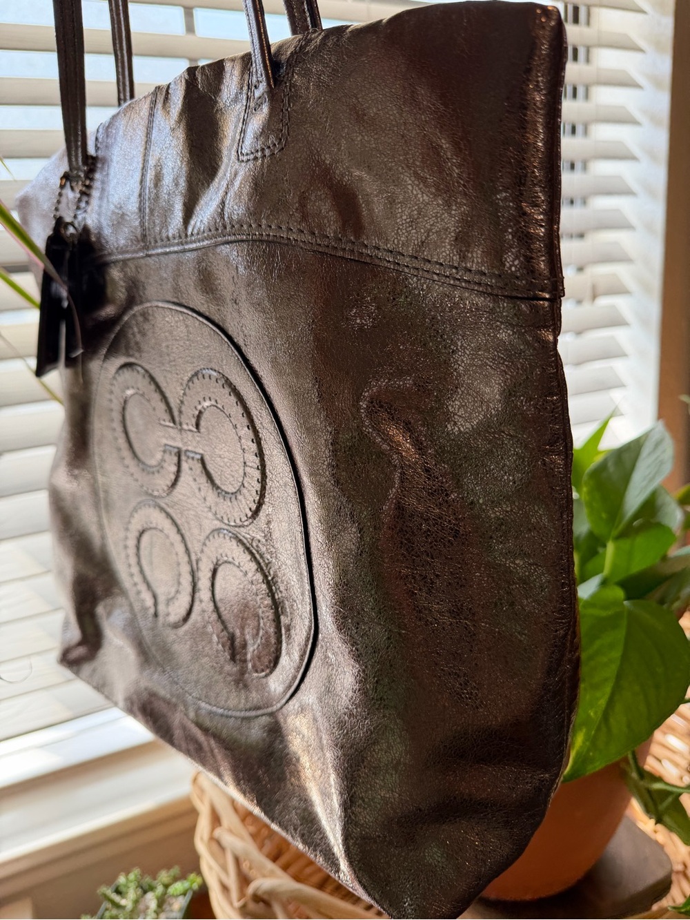 Coach Metallic Bronze Leather Op Art Logo Large Tote Shoulder Bag - Picture 6 of 6